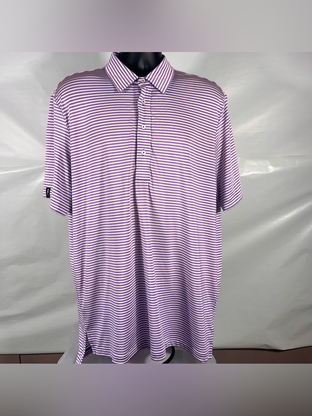 RLX Men Polo Shirt L Gold Performance Stretch Wicking Purple Striped Embroidered